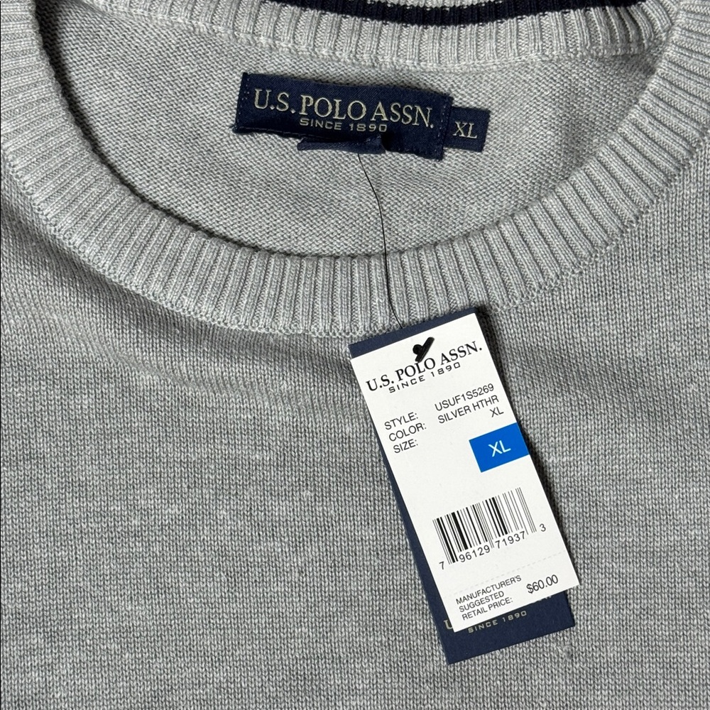 U.S. POLO ASSN HEATHER GREY MENS CHEST STRIPE CREWNECK SWEATER **NWT** - Picture 7 of 9